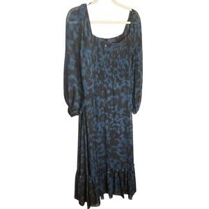 Just... Taylor Maxi Dress Smocked Long Sleeve Floral Blue Black Womens Sz L NEW